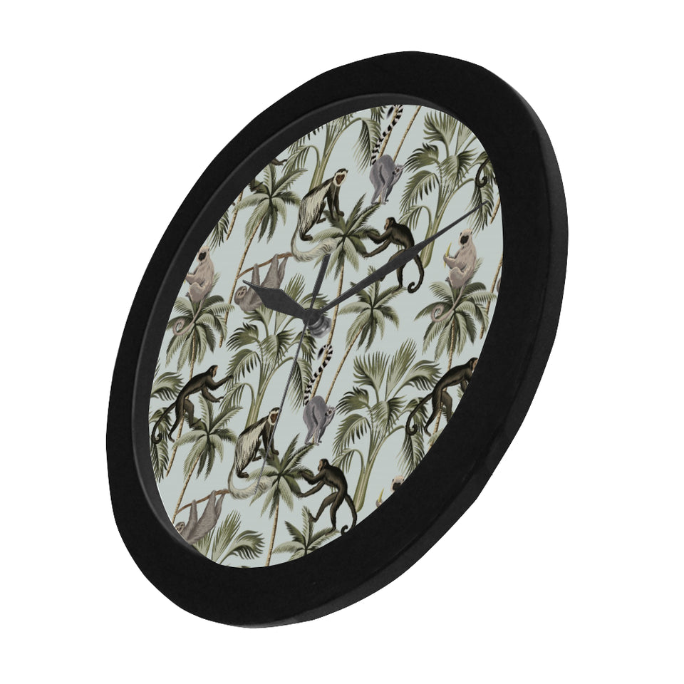 Monkey sloth lemur palm trees pattern Elegant Black Wall Clock