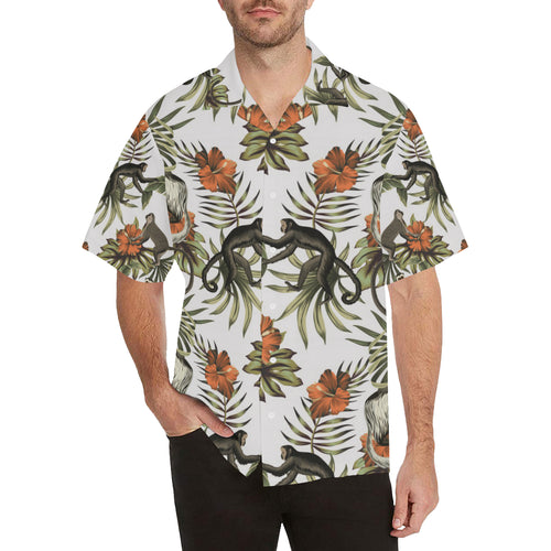 Monkey red hibiscus flower palm leaves floral patt Men's All Over Print Hawaiian Shirt