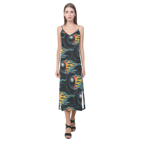 Bowling balls flame pattern V-Neck Open Fork Long Dress
