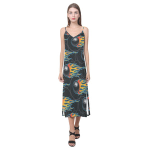 Bowling balls flame pattern V-Neck Open Fork Long Dress