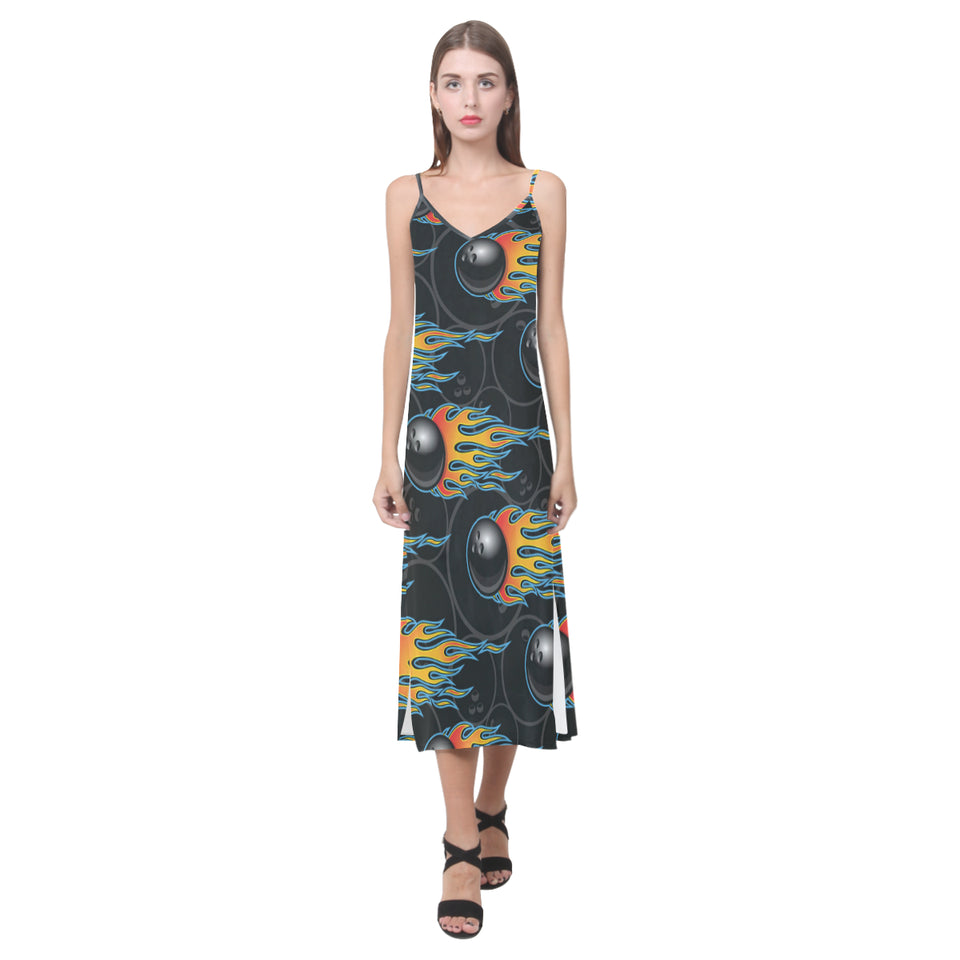 Bowling balls flame pattern V-Neck Open Fork Long Dress