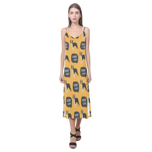 Boston terrier design pattern V-Neck Open Fork Long Dress