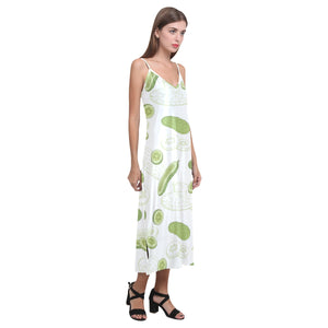 Cucumber sketch pattern V-Neck Open Fork Long Dress