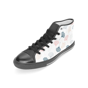 Black Gray Cream coral ginkgo leaves pattern Women's High Top Canvas Shoes Black