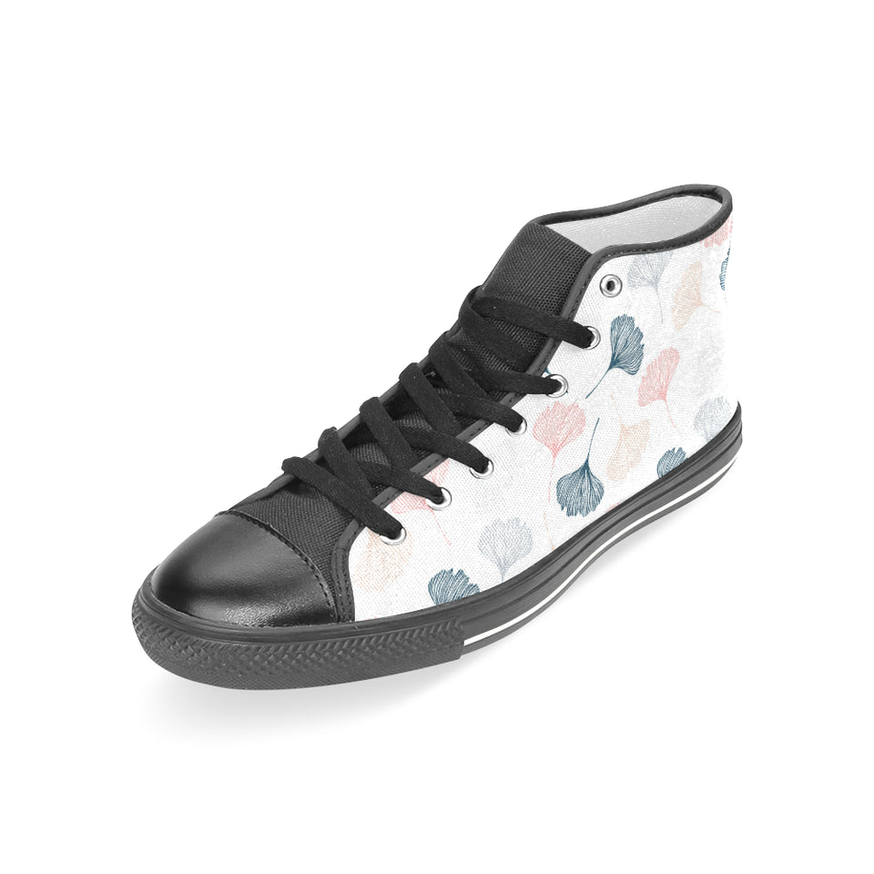 Black Gray Cream coral ginkgo leaves pattern Women's High Top Canvas Shoes Black