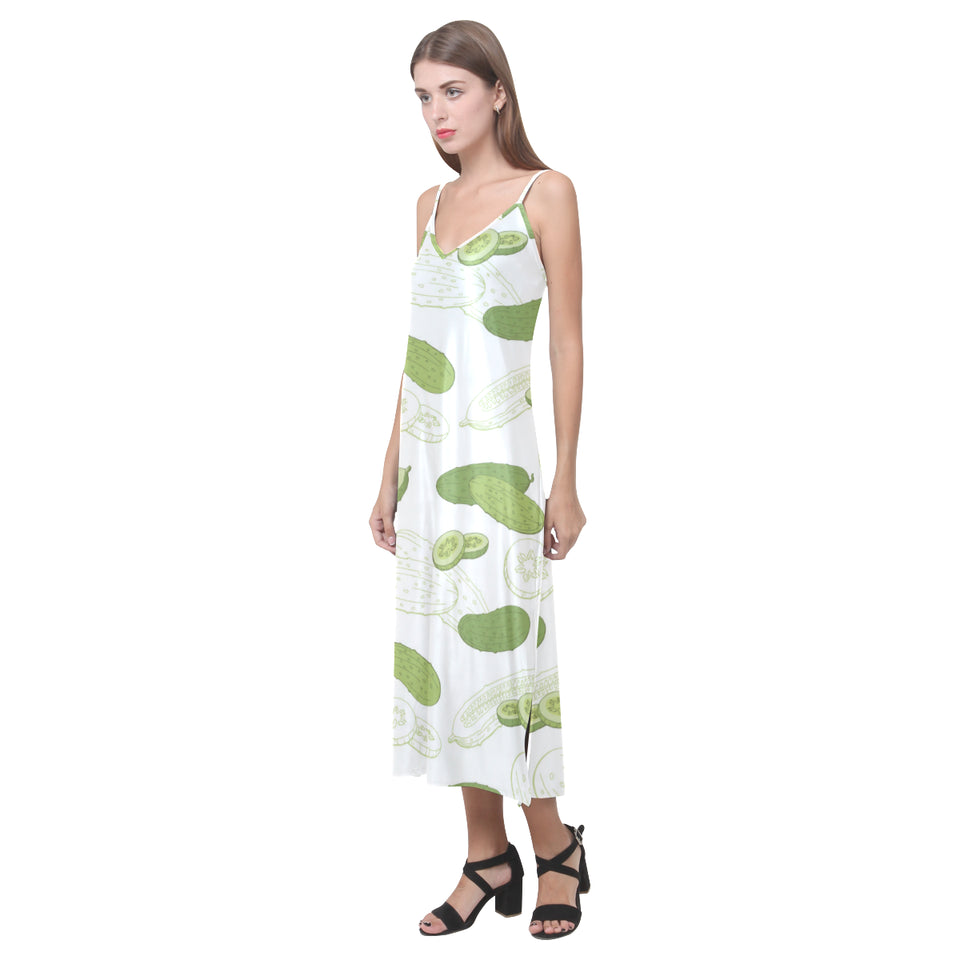 Cucumber sketch pattern V-Neck Open Fork Long Dress