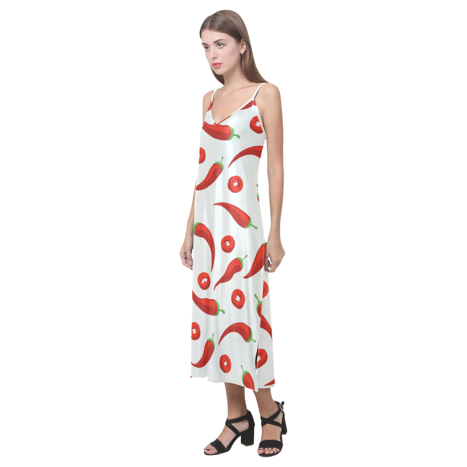 Chili pattern V-Neck Open Fork Long Dress