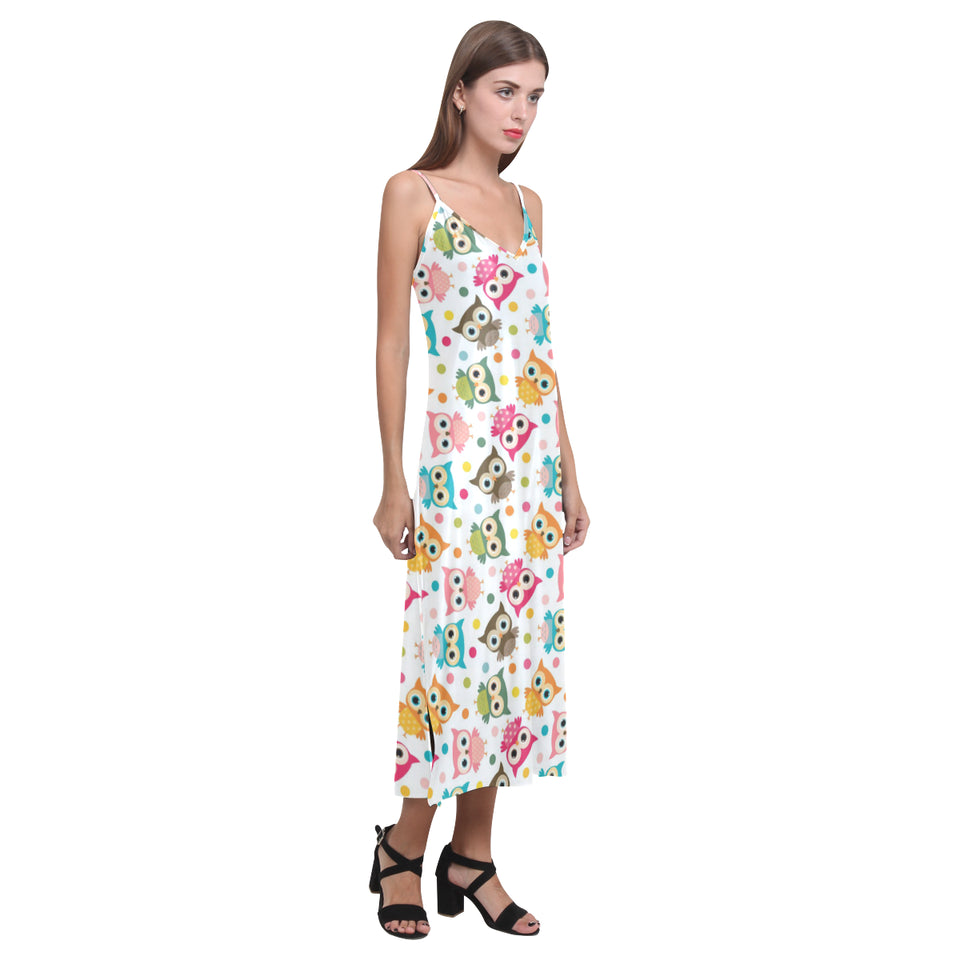 Color cute owl pattern V-Neck Open Fork Long Dress