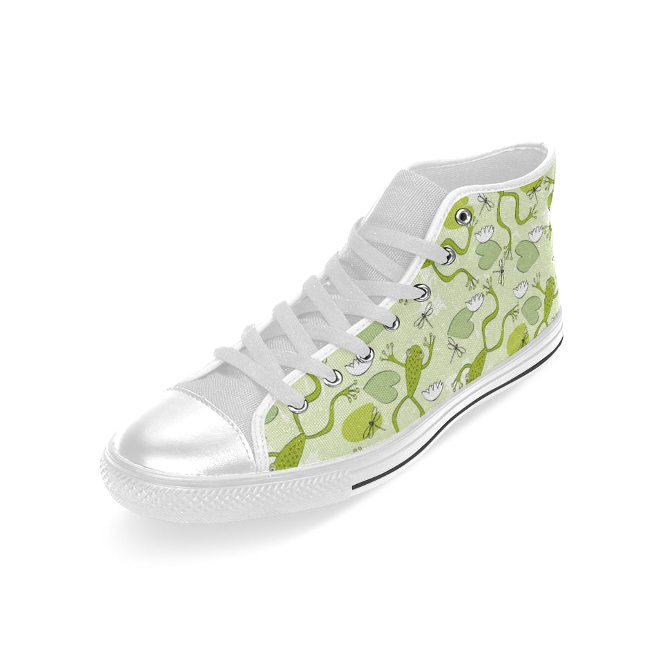 Cute frog dragonfly pattern Men's High Top Canvas Shoes White