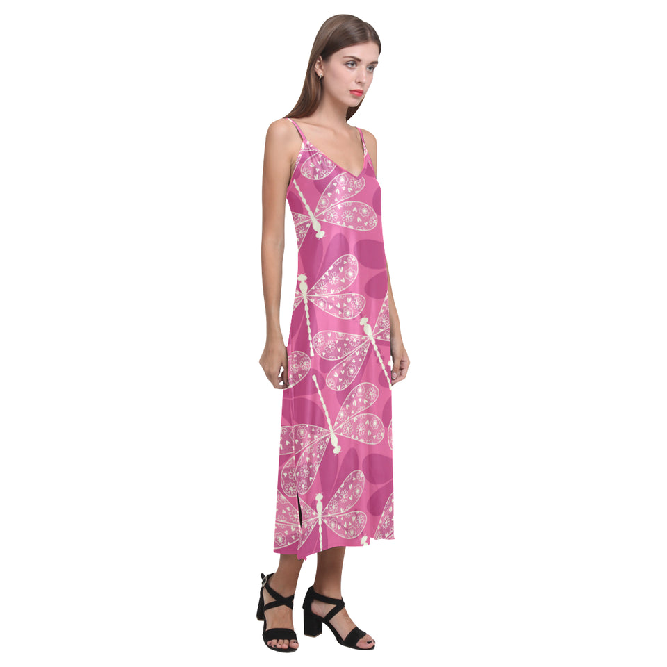 Beautiful dragonfly pink background V-Neck Open Fork Long Dress