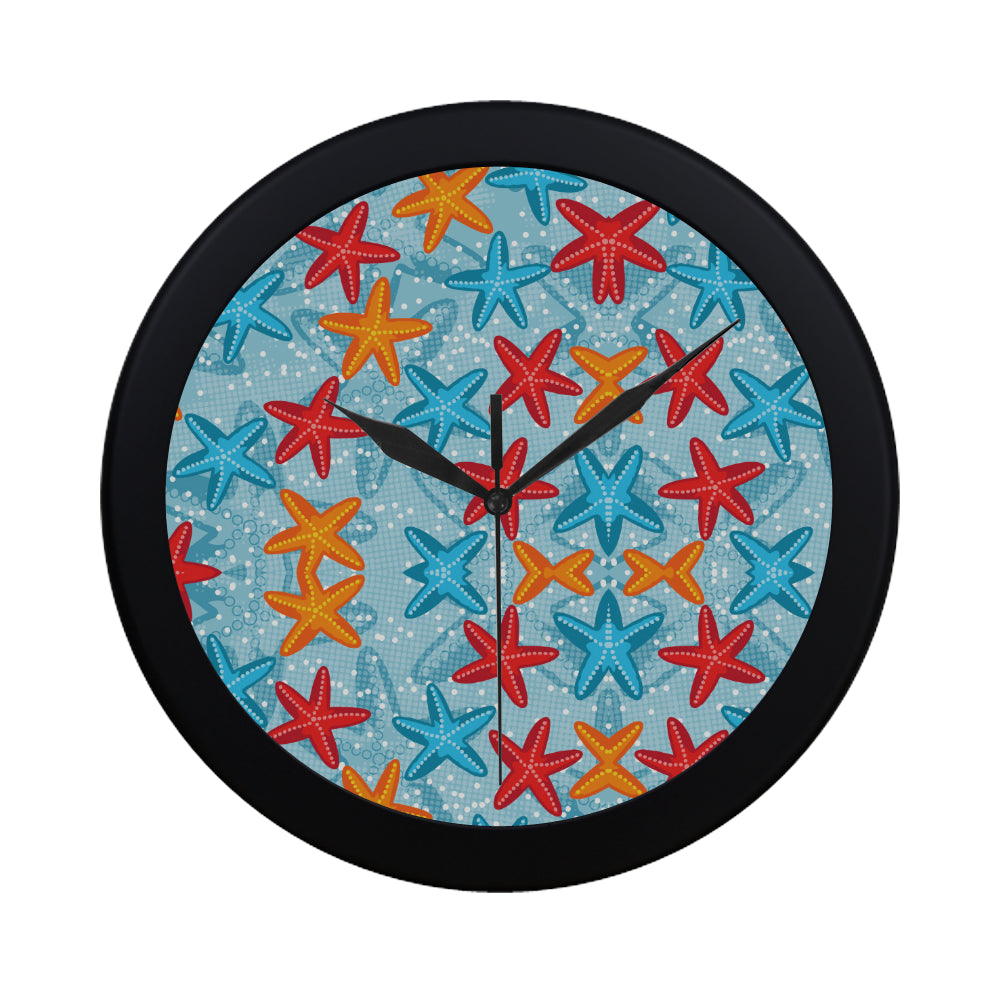 Blue red orange starfish pattern Elegant Black Wall Clock