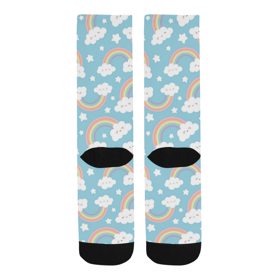 Cute rainbow clound star pattern blue background Crew Socks