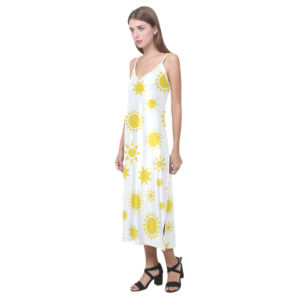 Sun pattern V-Neck Open Fork Long Dress