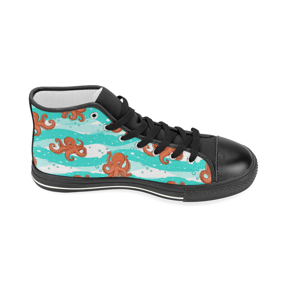 Octopuses sea wave background Women's High Top Canvas Shoes Black