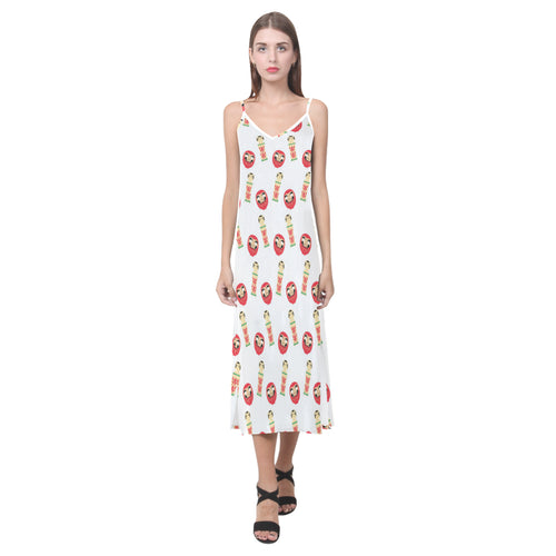 Daruma japanese wooden doll V-Neck Open Fork Long Dress