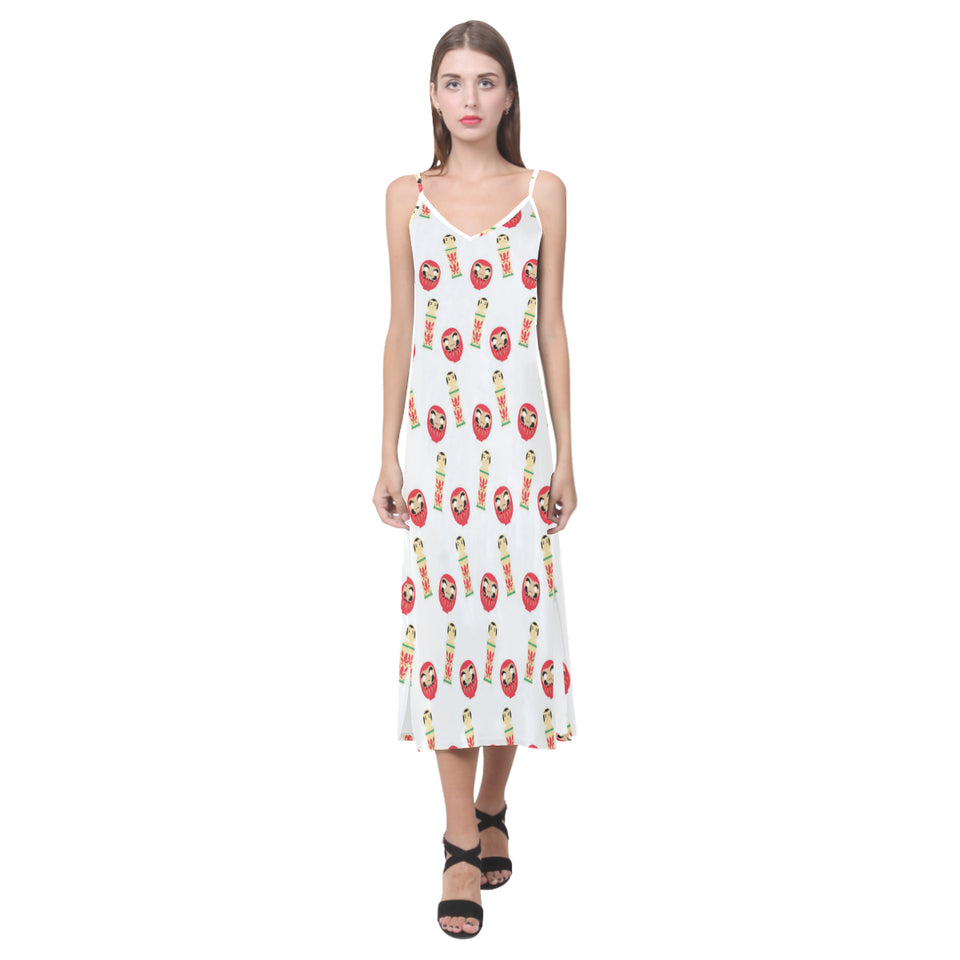 Daruma japanese wooden doll V-Neck Open Fork Long Dress