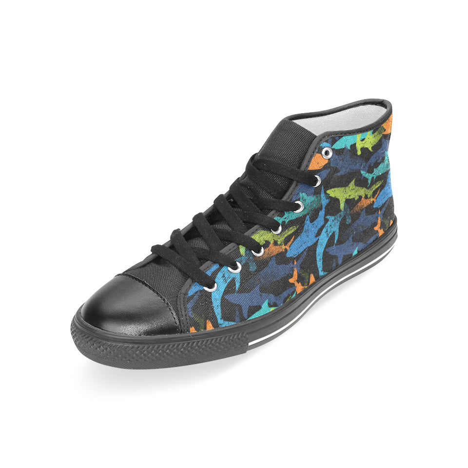 Colorful shark Women's High Top Canvas Shoes Black