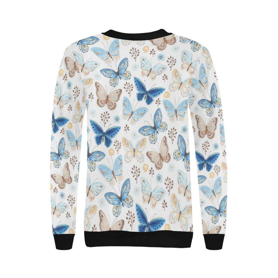 blue butterfly pattern Women's Crew Neck Sweatshirt