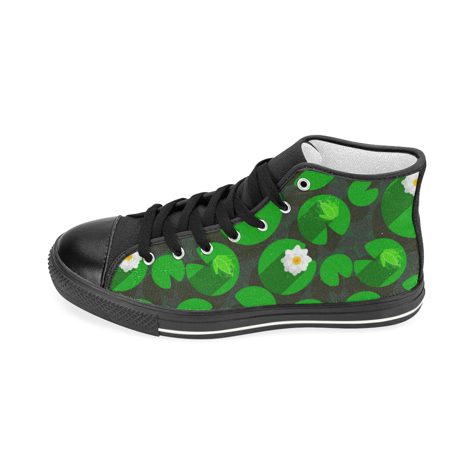 Frog waterlily pattern Women's High Top Canvas Shoes Black