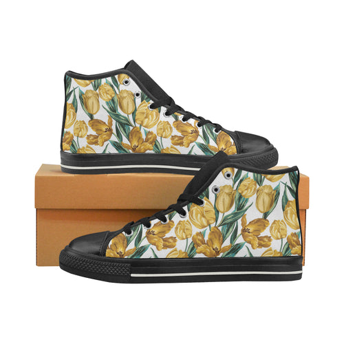 yellow tulips pattern Women's High Top Canvas Shoes Black