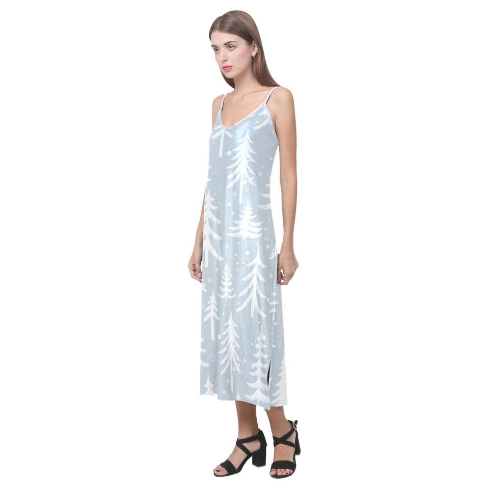 Christmas tree winter forest pattern V-Neck Open Fork Long Dress