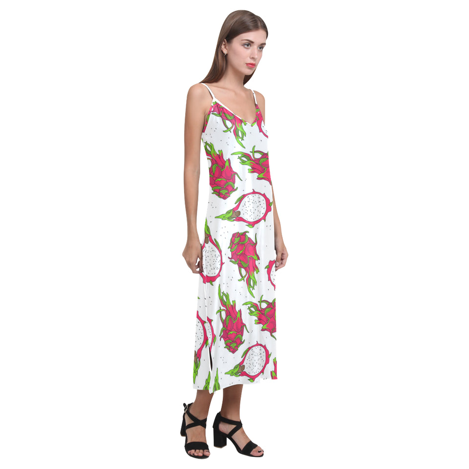 dragon fruits white background V-Neck Open Fork Long Dress