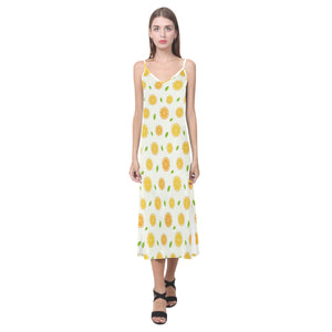 oranges leaves pattern V-Neck Open Fork Long Dress