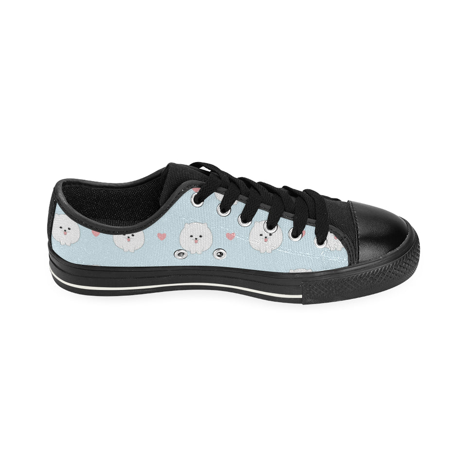 White cute pomeranian pattern Men's Low Top Canvas Shoes Black
