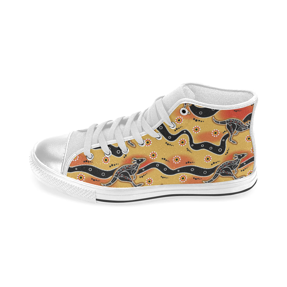 Kangaroo Australian aboriginal art pattern Women's High Top Canvas Shoes White