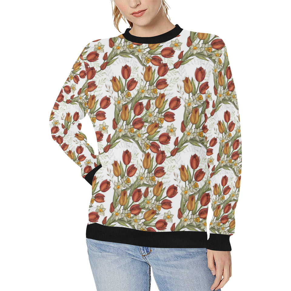 Red tulips and daffodils pattern Women's Crew Neck Sweatshirt