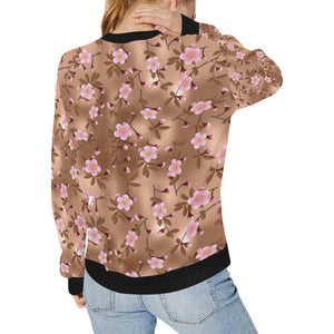 Pink sakura cherry blossom drak brown background Women's Crew Neck Sweatshirt