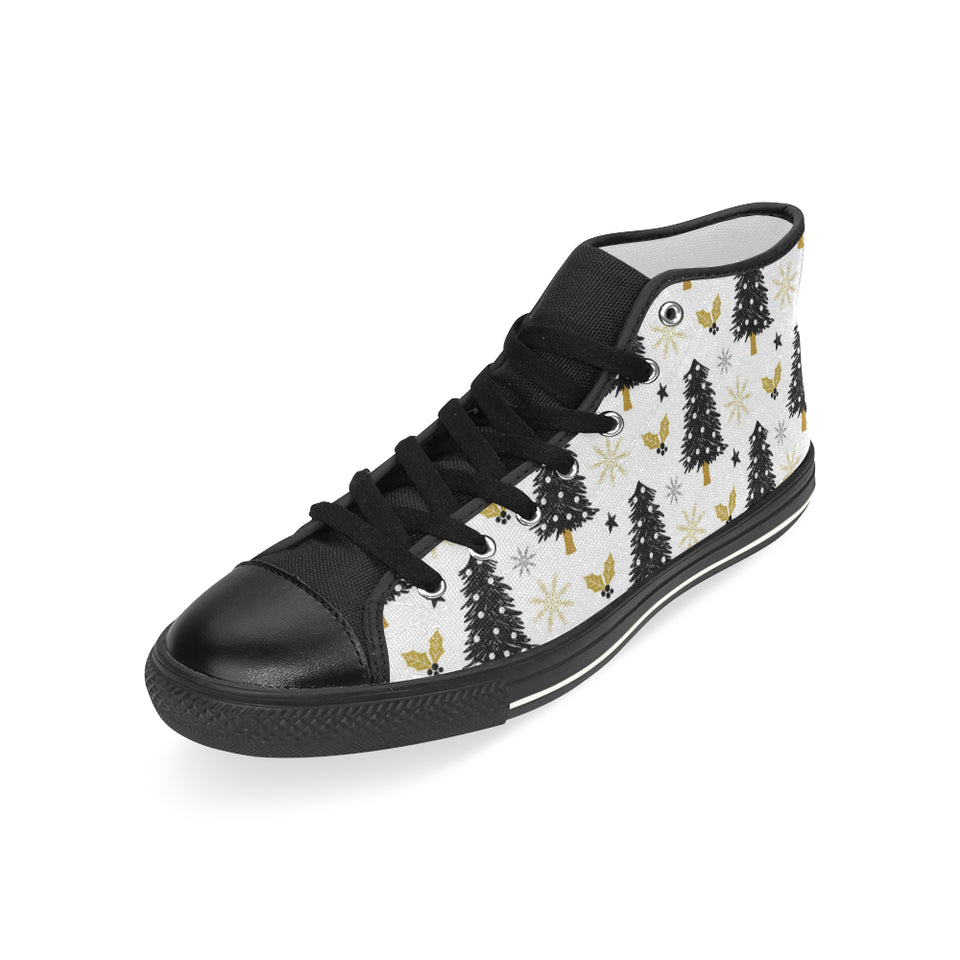 Christmas tree holly snow star pattern Men's High Top Canvas Shoes Black