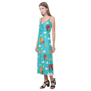Hot Air Balloon Sky Pattern V-Neck Open Fork Long Dress