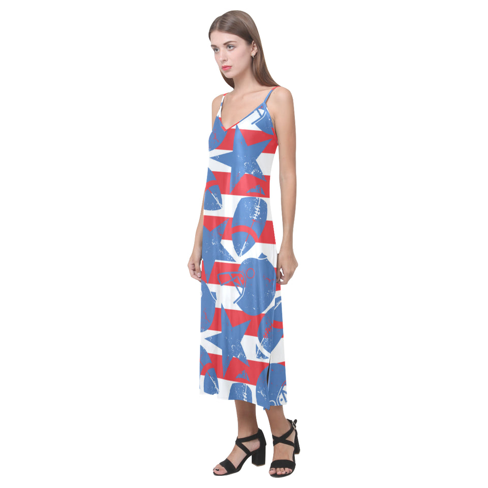 American football ball star stripes pattern V-Neck Open Fork Long Dress