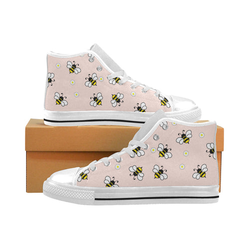 Cute bee flower pattern pink background Men's High Top Canvas Shoes White