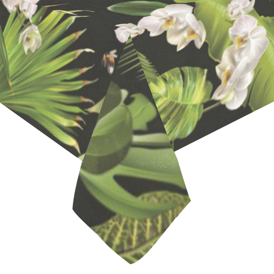 White orchid flower tropical leaves pattern blackg Tablecloth
