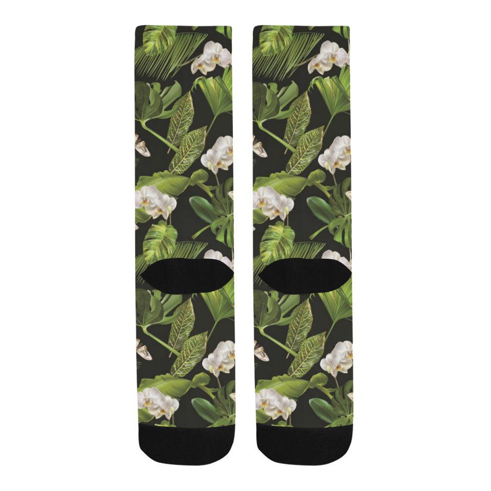 White orchid flower tropical leaves pattern blackg Crew Socks