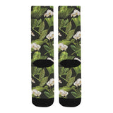 White orchid flower tropical leaves pattern blackg Crew Socks