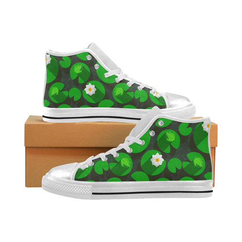 Frog waterlily pattern Women's High Top Canvas Shoes White