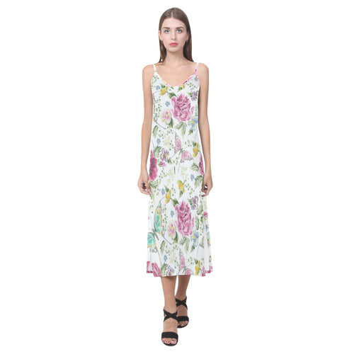 Hand drawn butterfly rose V-Neck Open Fork Long Dress
