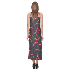 Chili peppers pattern black background V-Neck Open Fork Long Dress