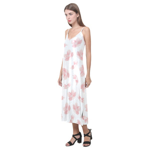 Pink sakura cherry blossom pattern V-Neck Open Fork Long Dress