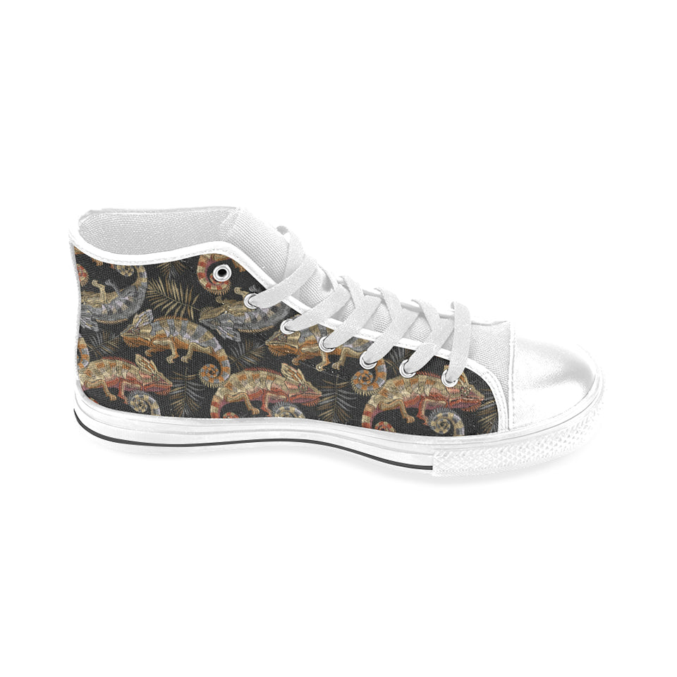 Chameleon lizard tropical leaves palm tree Men's High Top Canvas Shoes White