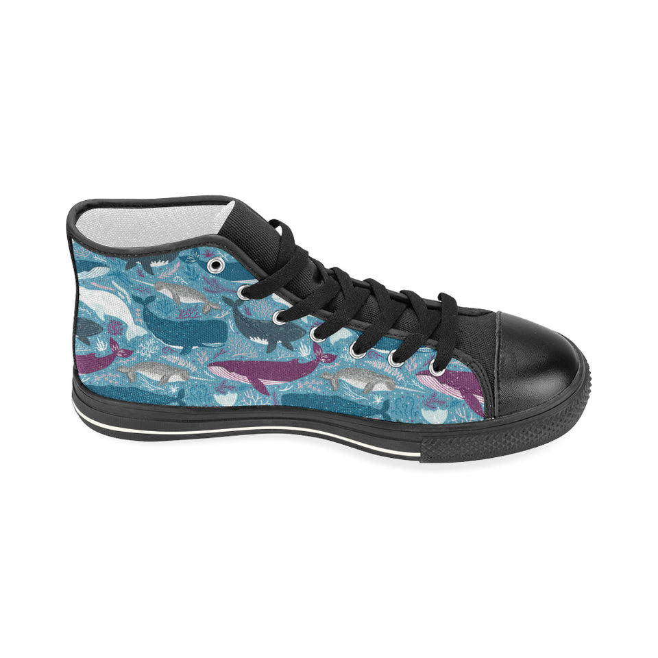 Whale design pattern Women's High Top Canvas Shoes Black