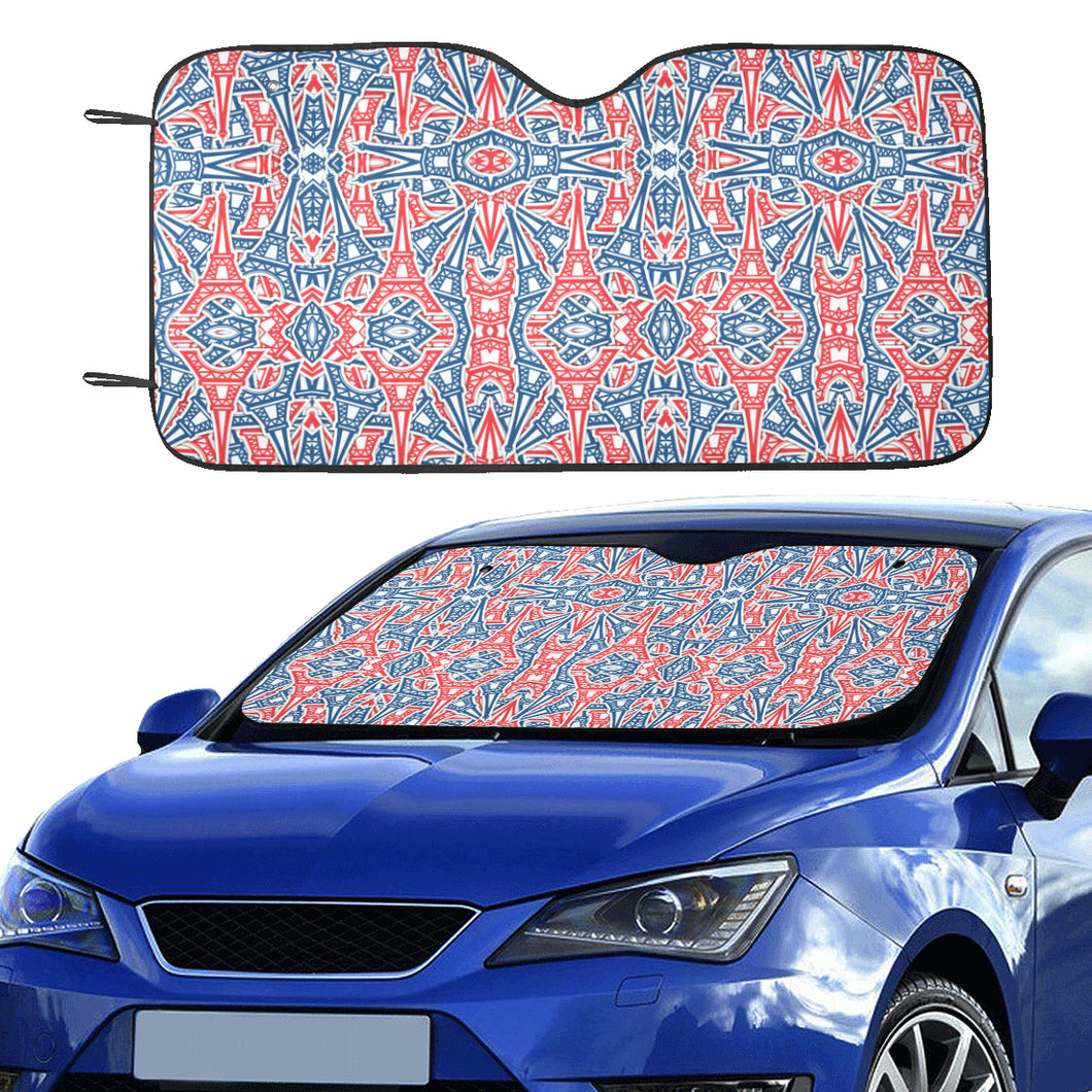 Blue Red Eiffel Tower Pattern Print Design 02 Car Sun Shade