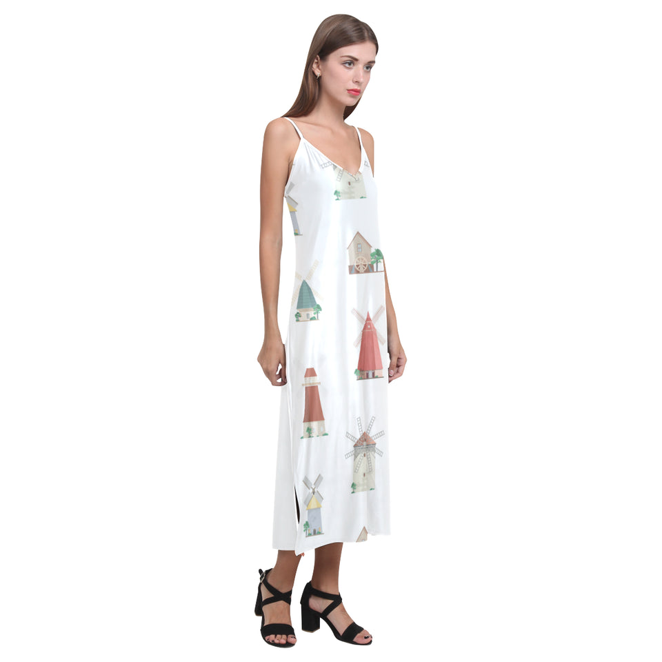 windmill design pattern V-Neck Open Fork Long Dress