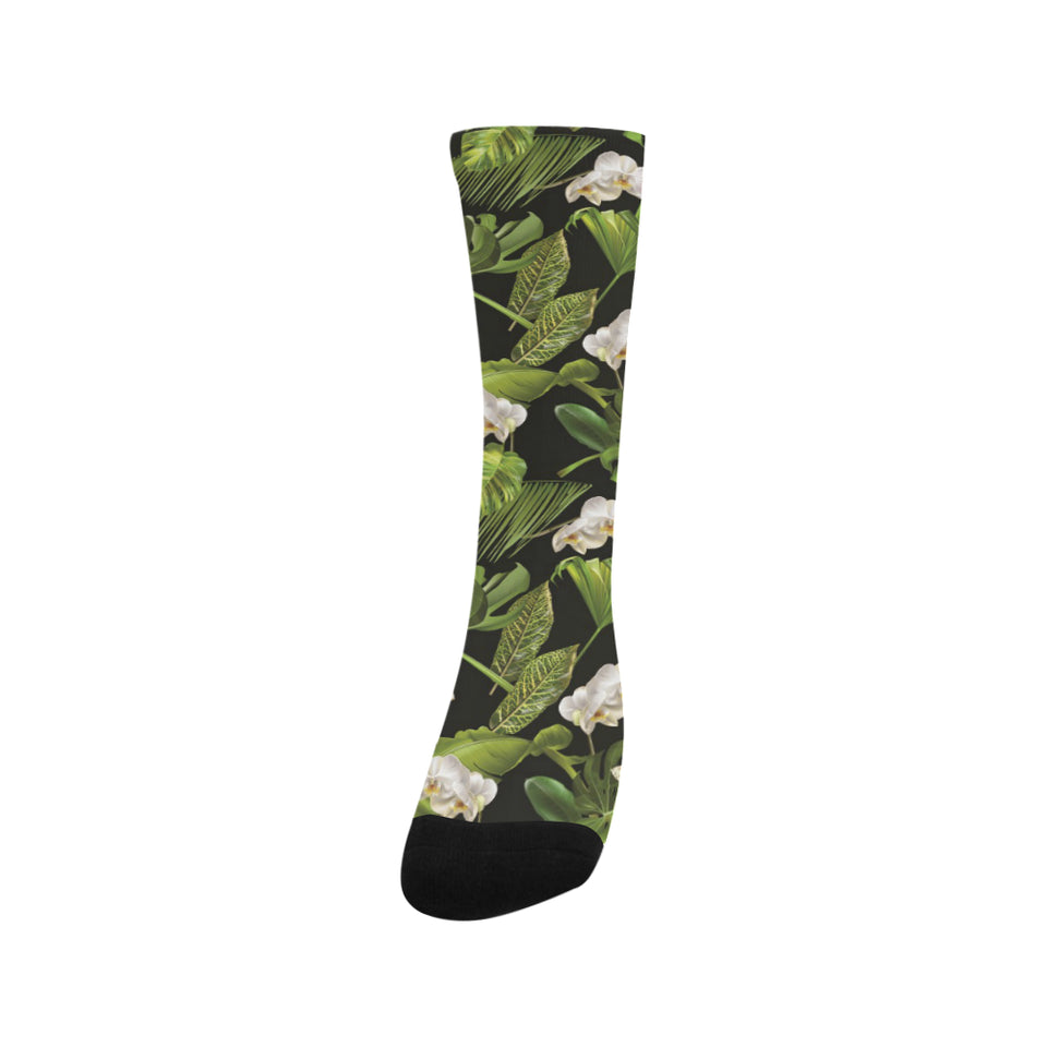 White orchid flower tropical leaves pattern blackg Crew Socks