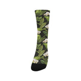 White orchid flower tropical leaves pattern blackg Crew Socks
