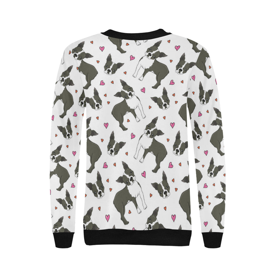 Boston terrier dog hearts vector pattern Women's Crew Neck Sweatshirt