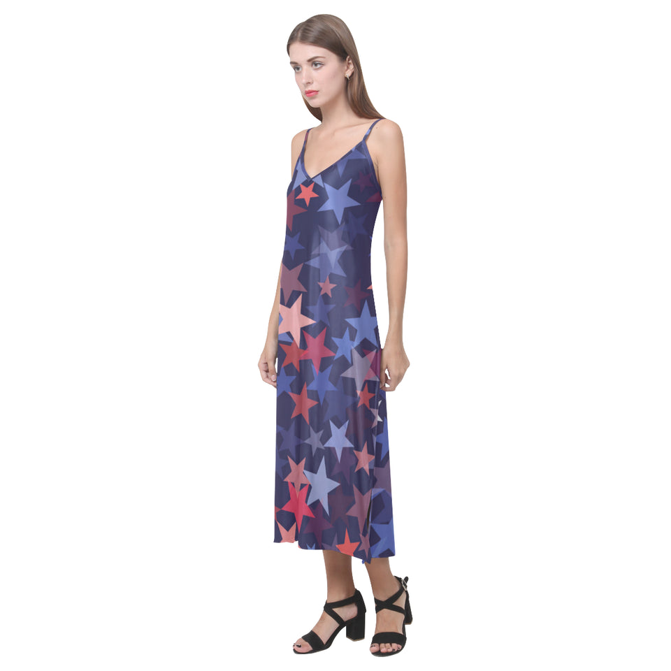 Red blue star pattern V-Neck Open Fork Long Dress
